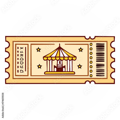 Vintage style ticket with a carousel image and stars in yellow hues for festive occasion