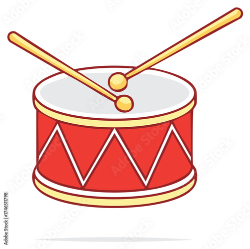 Bright red toy drum with yellow drumsticks cartoon illustration