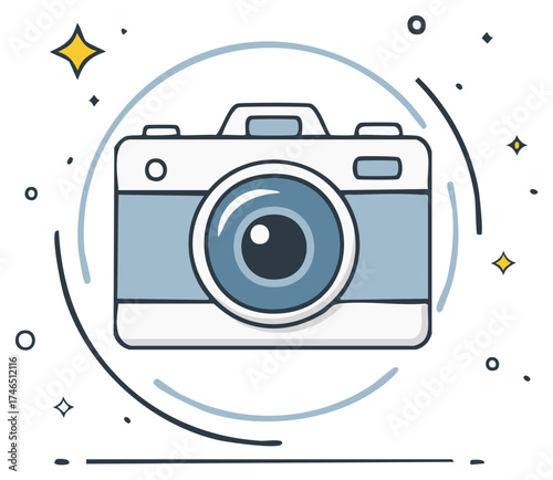 Retro camera with artistic swirling lines and sparkling stars in a playful flat design style