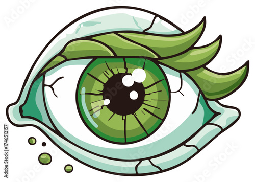 Stylized Green Eye Illustration with Leaf Accents and Artistic Detailing on Isolated Background