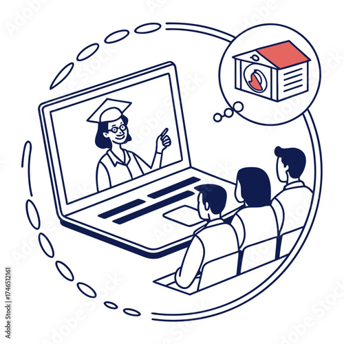 Diverse group of students attending an online lecture on a laptop with a thought bubble showing a house with a red roof symbolizing real estate education or remote learning for property investment