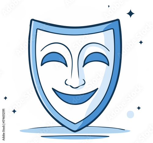 Abstract happy theater mask icon with sparkles and light blue accents
