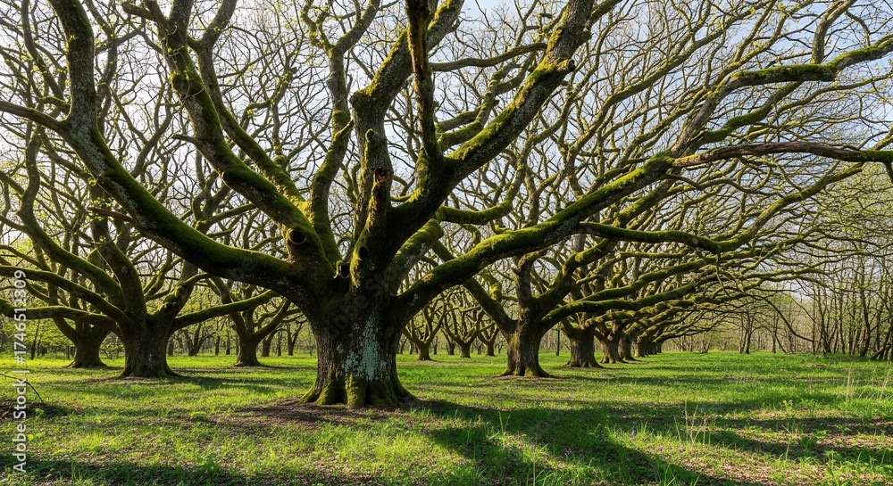 Obraz premium A serene and captivating view of a majestic grove, where a long alley of mature, deciduous trees stretches into the distance. Their ancient, gnarled branches are beautifully adorned with thick, vibran