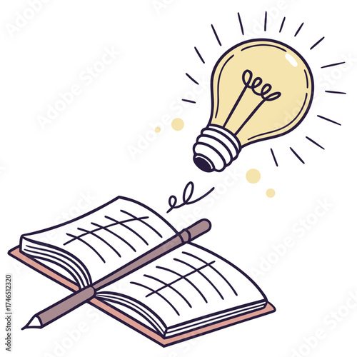 A hand drawn illustration of an open notebook with a pencil resting on it and a glowing lightbulb symbolizing a new idea emerging from the writing process
