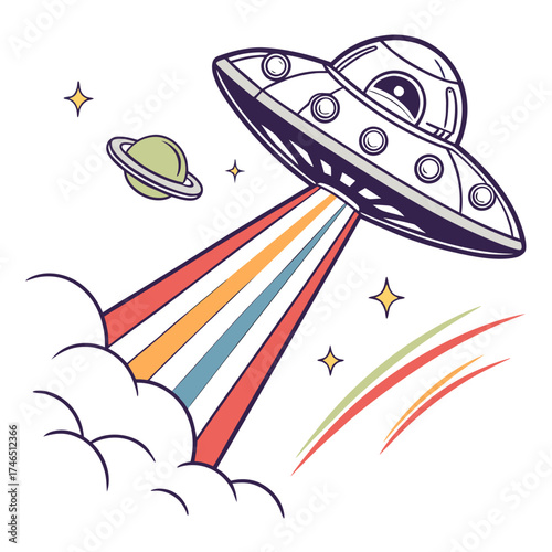 Canvas Print Whimsical cartoon ufo spaceship emitting a vibrant rainbow colored beam of light