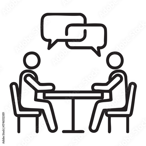 Two figures engaged in conversation at a table with speech bubbles overhead representing communication and dialogue