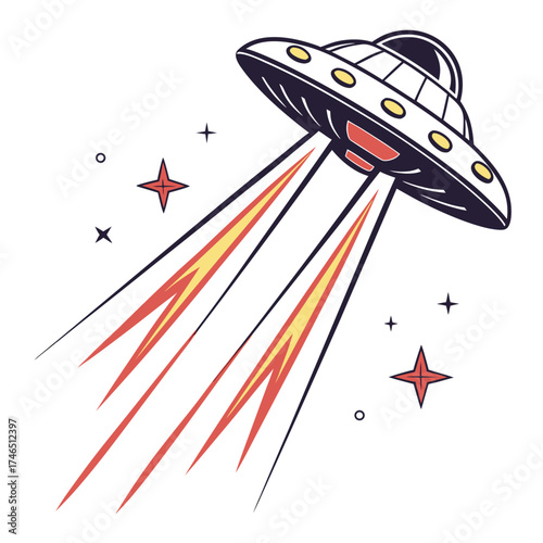 Retro style flying saucer alien spacecraft with bright red and yellow beams of light descending into the unknown on a white background with stars and planets