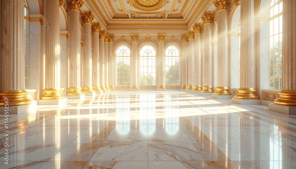 Obraz premium Grand Hallway with Golden Pillars and Sunlight.