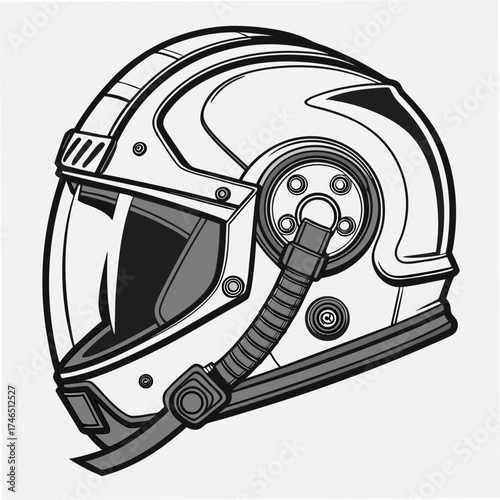 Stylized black and white illustration of a futuristic motorcycle helmet with a clear visor and intricate detailing on a plain background