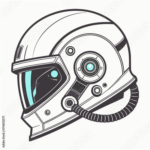 Futuristic scifi astronaut helmet with cyan visor and intricate mechanical details on a white background