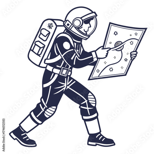 Astronaut explorer in a spacesuit walking and pointing at a star map with planets and constellations in the vastness of outer space