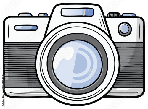 Modern Digital Camera with Large Lens and Stylized Illustration Style