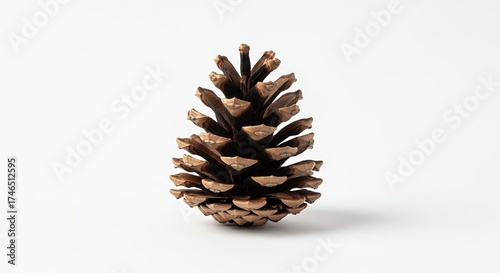 A single, perfectly formed pinecone stands prominently on a pristine white background, captured with crisp detail. Its intricate, textured scales display warm brown hues, emphasizing the organic beaut