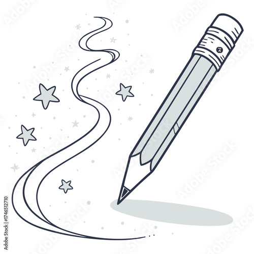 A simple hand drawn illustration of a graphite pencil creating a wavy line with stars and dots in a whimsical artistic style