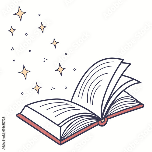 Whimsical open book with pages fluttering and magical stars sparkling above representing imagination and wonder