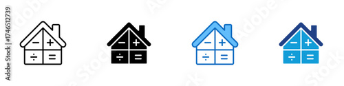 Home Calculation Multiple Style Icon Design Vector - house with math symbols (plus, minus, divide, equal) representing financial calculation, mortgage planning, or budgeting