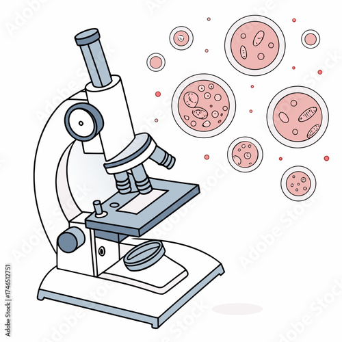 A stylized illustration of a laboratory microscope focused on petri dishes containing various microscopic cells and organisms in a scientific research setting