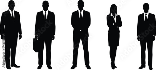 Business professionals silhouettes, corporate team standing, formal attire with briefcase, office diversity, leadership, teamwork, workplace unity, professional business illustration set