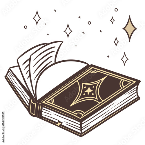 An open magical antique book with glowing stars and sparkles emanating from its pages symbolizing knowledge and fantasy