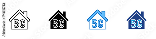 Smart Home 5G Multiple Style Icon Design Vector - house with 5G symbol showing high speed internet, smart living, and connected home technology