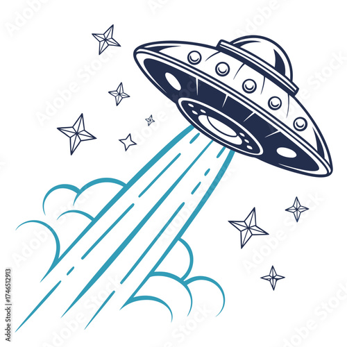 Retro style flying saucer spaceship with a beam of light descending amidst stylized clouds and stars on a white background