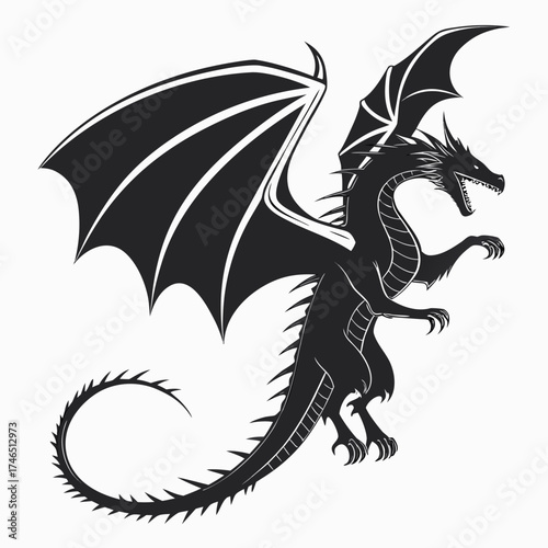 A fearsome black dragon with large wings and a long spiky tail in a dynamic pose against a white background
