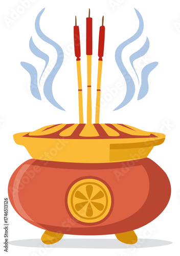 Traditional cultural illustration of an incense burner with smoking joss sticks and rising smoke