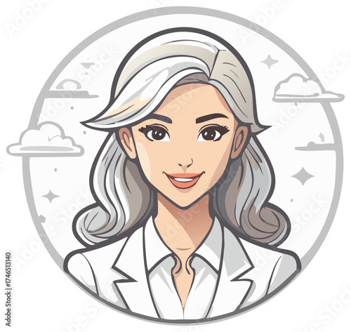 Illustration of a Smiling Woman with Gray Hair Surrounded by Clouds and Stars