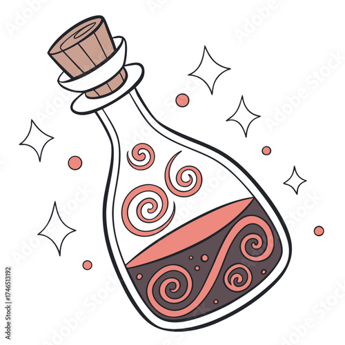 Whimsical cartoon illustration of a corked glass potion bottle filled with swirling pink and purple liquid and magical sparkles floating around it