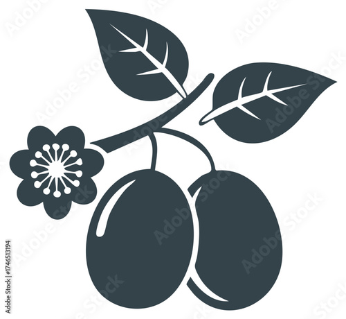 Dark plum branch with leaves and flower graphic illustration on isolated background.