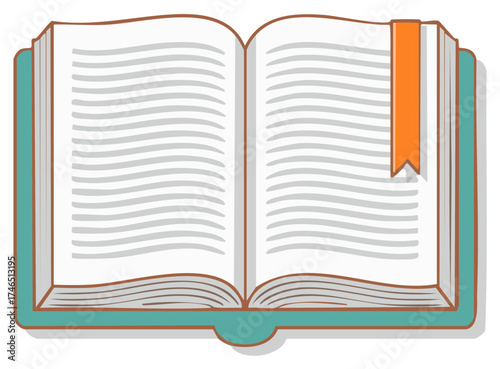 Open book illustration with bookmark showing blank lined pages for reading studying writing learning