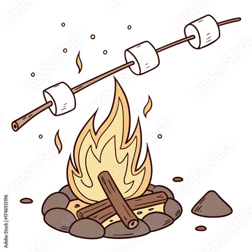 Cartoon illustration of marshmallows roasting over a campfire with flames and embers on a white background for outdoor recreation and camping themes