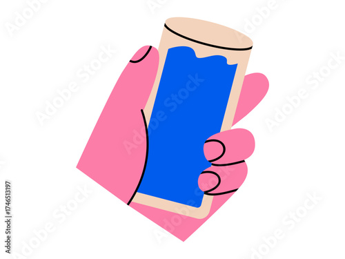 Hand drawn cute illustration of hand holding water glass. Flat vector clear refreshment drink in human arm doodle. Daily hydration. Healthy lifestyle icon. Quench your thirst sticker. Isolated.
