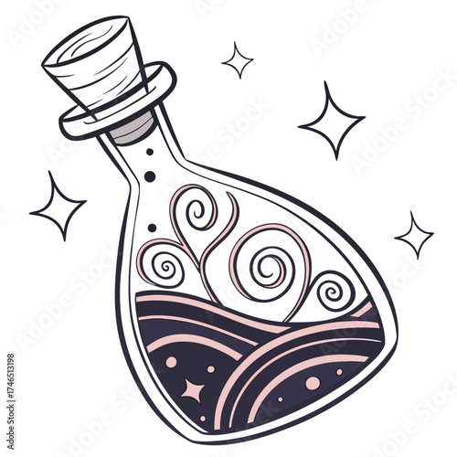 Whimsical glass potion bottle with swirling pink and dark purple liquid and sparkling stars a magical elixir concept