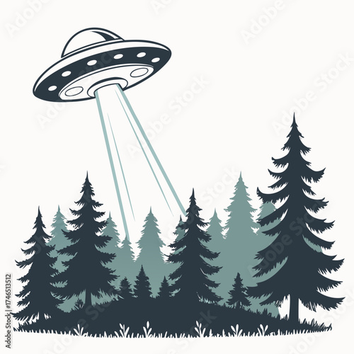 Retro flying saucer ufo beaming light down onto a dark silhouette forest landscape with pine trees and grass against a white background