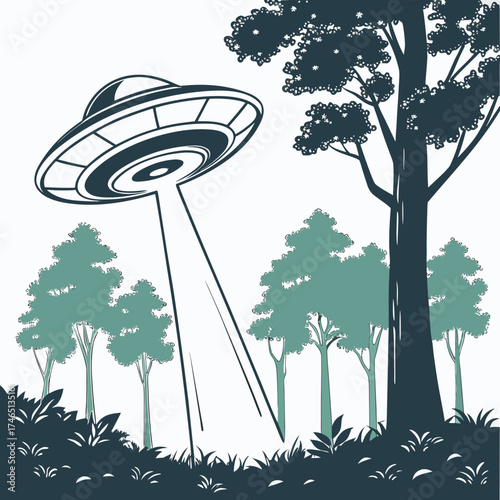 Mysterious flying saucer descends from the sky emitting a beam of light into a dark forest scene with silhouetted trees and foliage