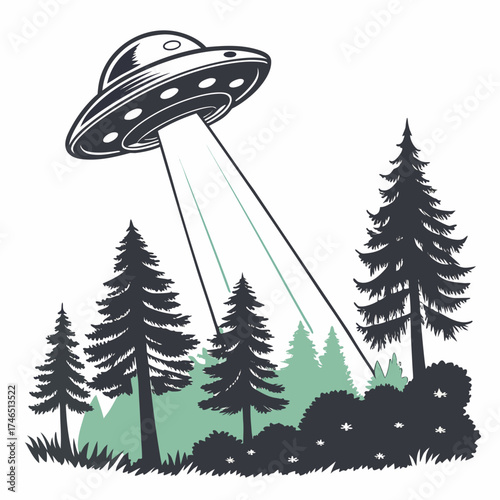 Retro style flying saucer ufo descending a beam of light onto a dark forest landscape with pine trees