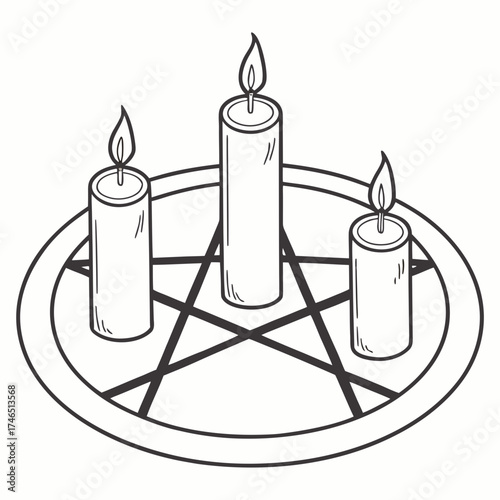 Three lit candles arranged within a pentagram symbol on a circular base representing witchcraft and occult rituals