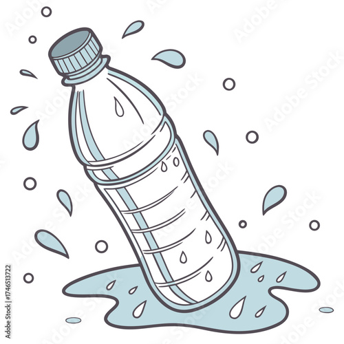 A clear plastic water bottle is tilted and splashing water droplets and circles around it on a white background