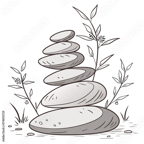 A stack of smooth gray stones balanced precariously with delicate greenery and leaves on a white background symbolizing harmony and serenity