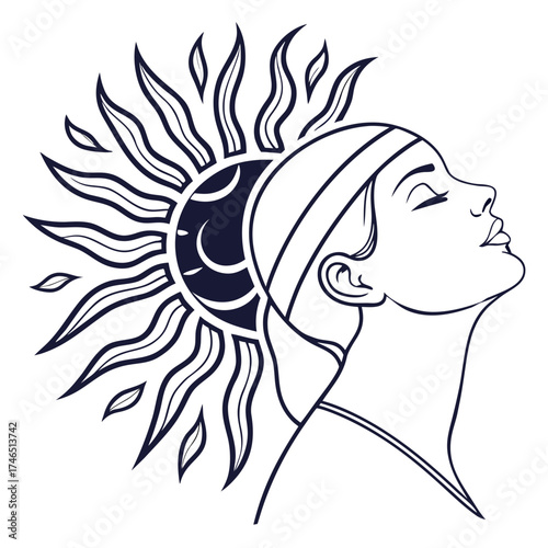 Stylized line art illustration of a woman with her eyes closed and head tilted back merging with a radiant sun and crescent moon motif