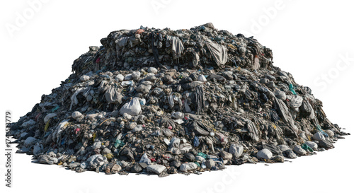 Detailed close-up of a large, diverse pile of trash, rubbish, and discarded waste materials