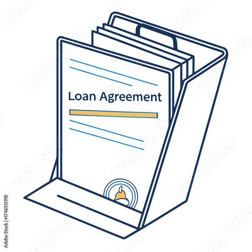Illustration of a loan agreement document in a folder with a seal representing approval and financial commitment