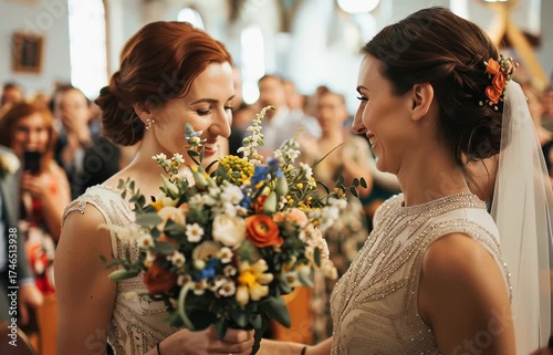 Kiss between two brides at their wedding party. Video.