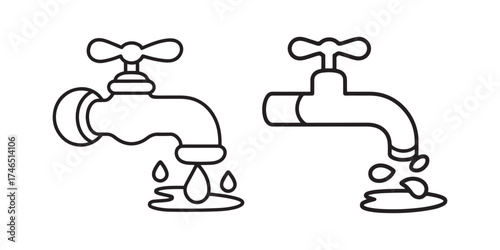 Set of Two Outline Icons Showing Dripping Faucets and Water Taps for Plumbing, Conservation, and Repair