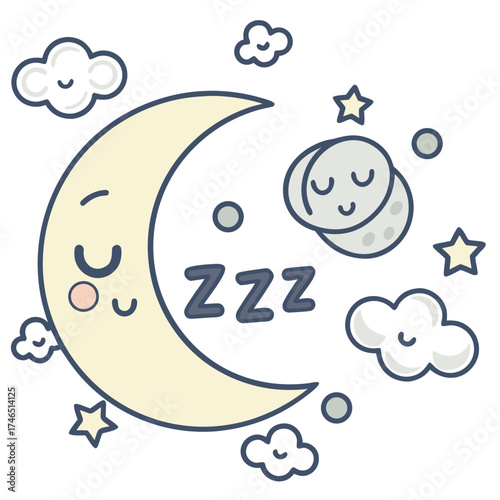 Cute cartoon crescent moon with closed eyes and blush cheeks sleeping peacefully surrounded by fluffy clouds stars and planets with zzz text