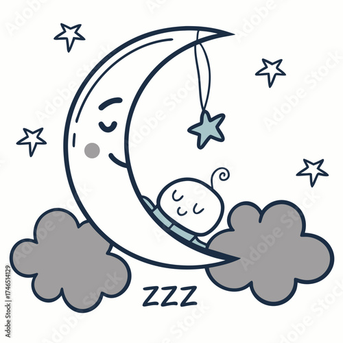 Cute cartoon baby sleeping peacefully on a crescent moon surrounded by fluffy clouds and twinkling stars with zzz text