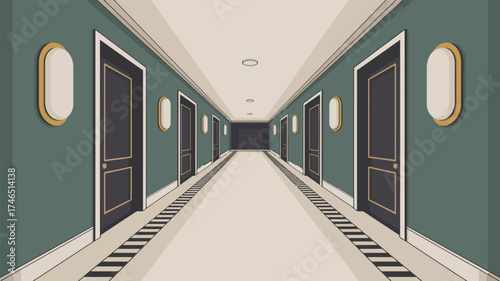 A long hallway with doors and lights on the walls leading to a dark end with a light floor