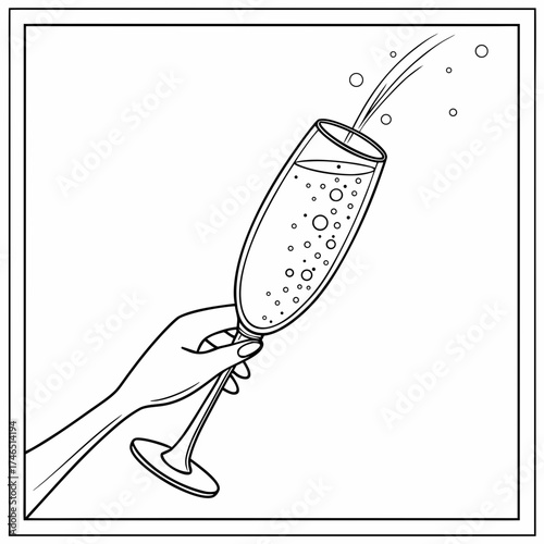 Elegant hand holding a flute glass filled with sparkling champagne and effervescent bubbles rising upwards in a celebratory toast