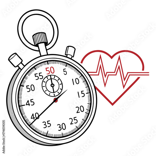A simple line drawing of a stopwatch next to a red heart with a cardiogram inside representing health and time management in healthcare and fitness